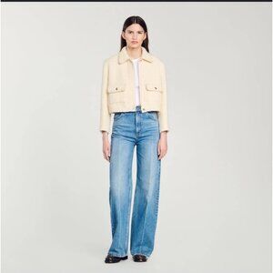 Sandro Paris Womens Textured Bouclé Jacket With Buttoned Pockets & Collar
